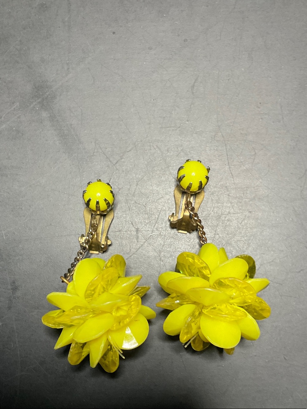 Yellow Floral Drop Clip-On Earrings - Bright Yellow Statement Jewelry